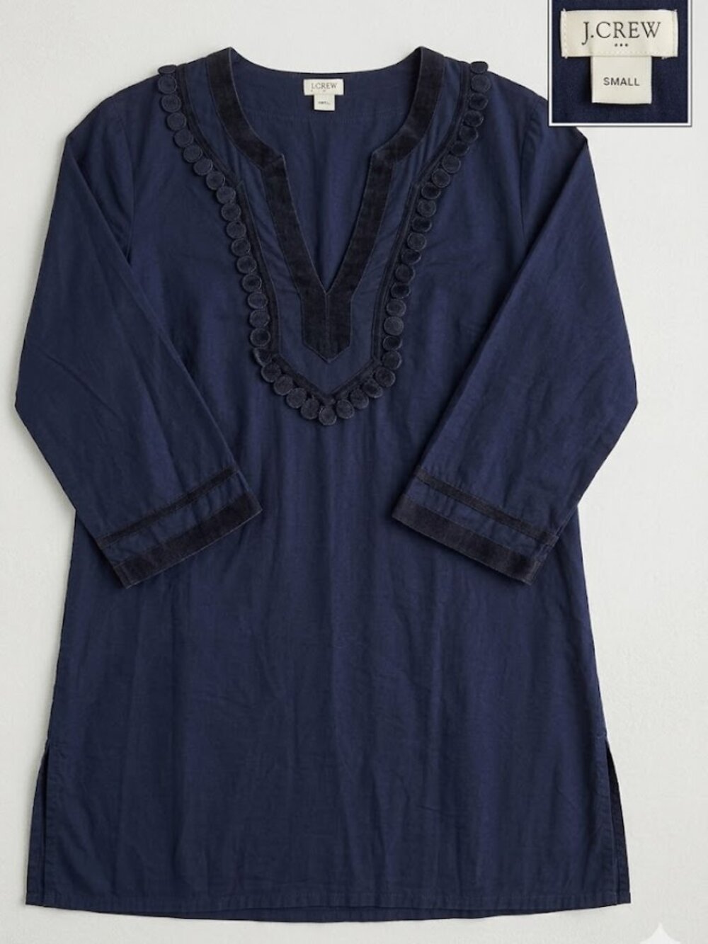 J. Crew Embellished Split Neck Tunic Blouse Navy Blue Size Small (S)